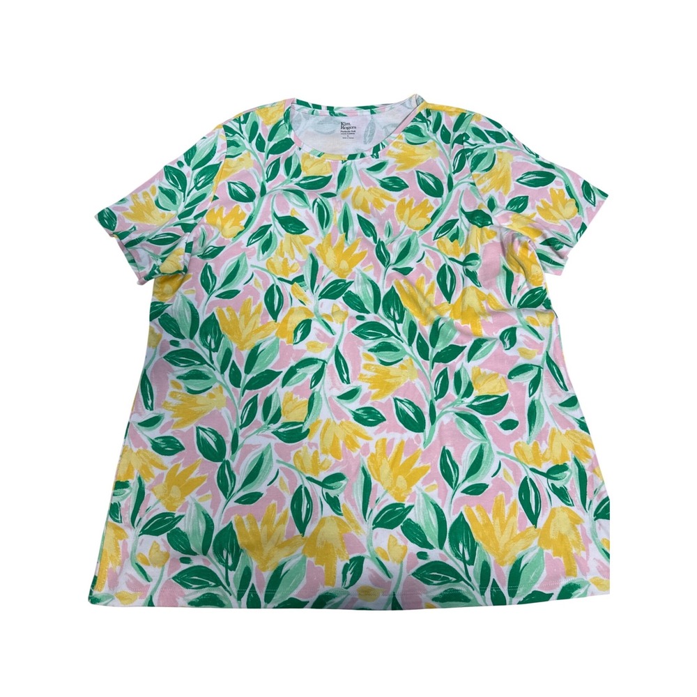 Kim Rogers Perfectly Soft Womens Large Floral T-Shirt Pink Yellow Green Cotton